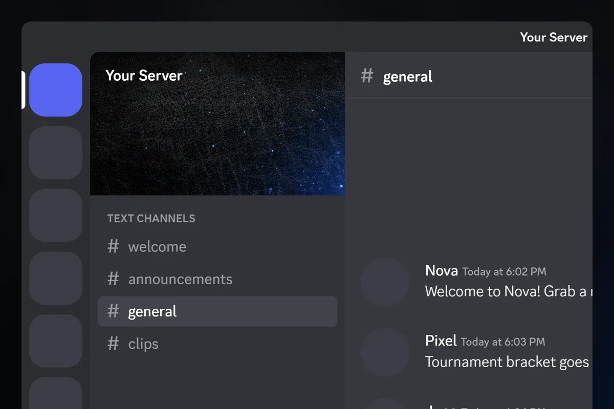 Luster Discord server banner, blue, animated, shown in a Discord server