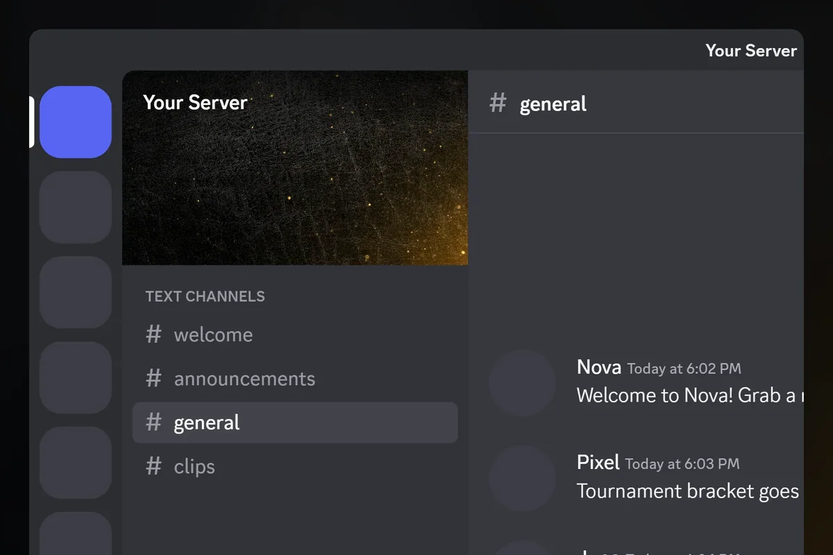 Luster Discord server banner, gold, animated, shown in a Discord server