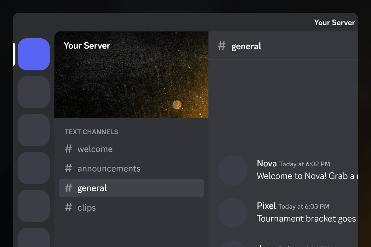 Luster Discord server banner, gold, shown in a Discord server