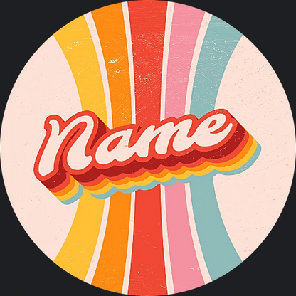Circular design with colorful stripes and the word 'Name' in the center.