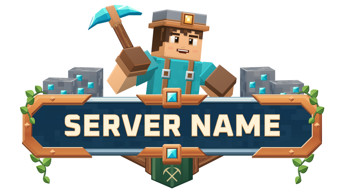 The Mine Minecraft server logo with a blocky miner holding a diamond pickaxe, diamond ore blocks, hanging vines and a copper-framed blue nameplate.