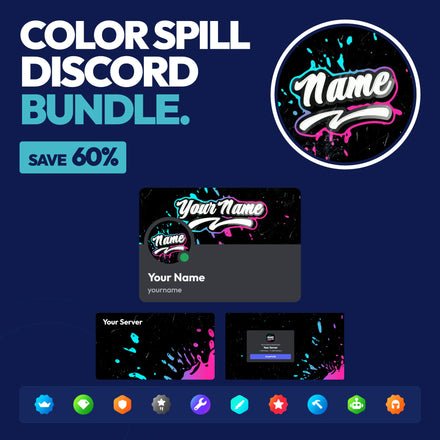 Color Spill Complete Discord Bundle in Blue and Pink with a matching PFP & server icon, profile banner, server banner, invite background, and 378 role icons