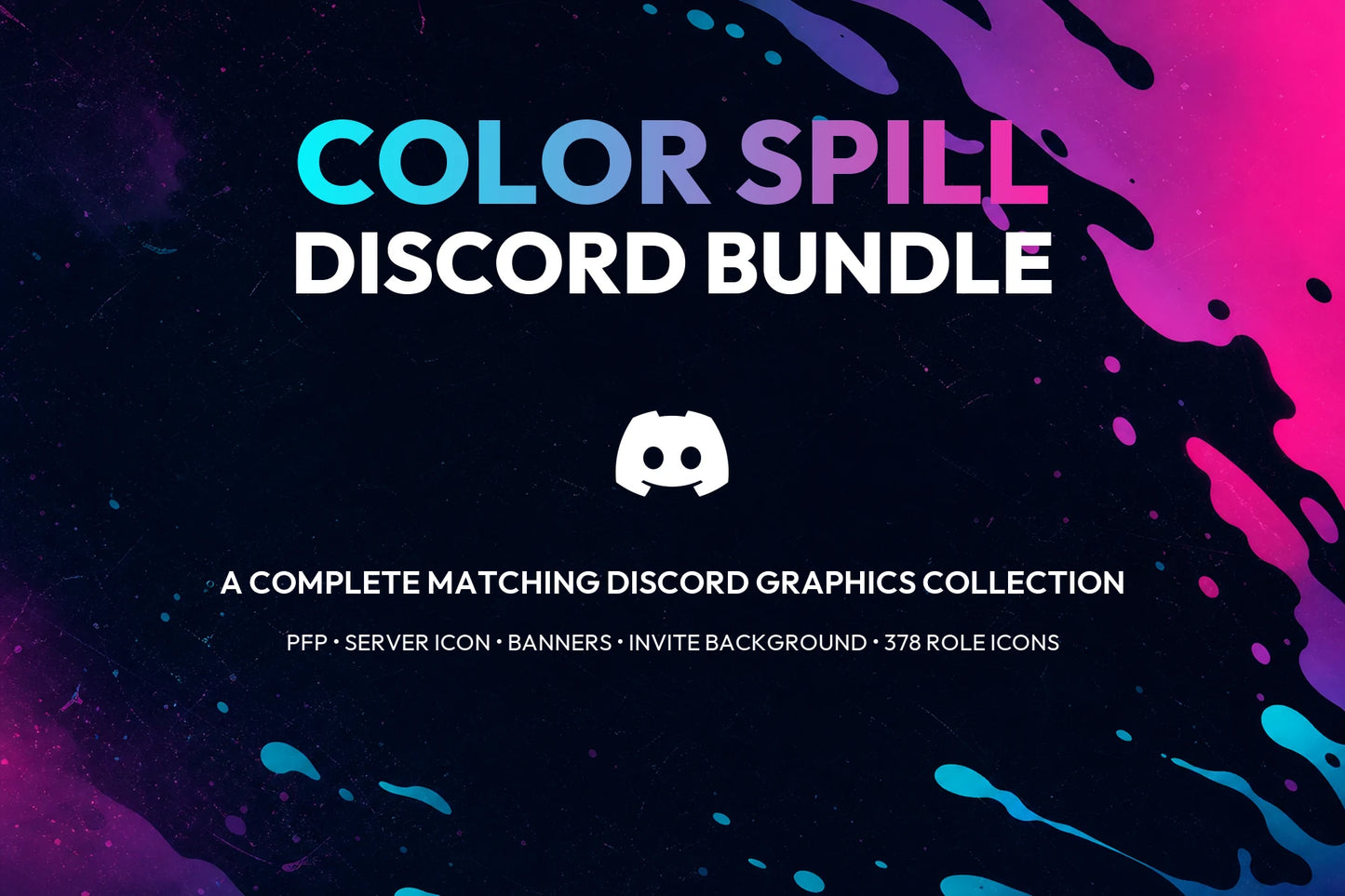 Color Spill complete Discord graphics bundle with matching PFP, banners, invite background, and 378 role icons