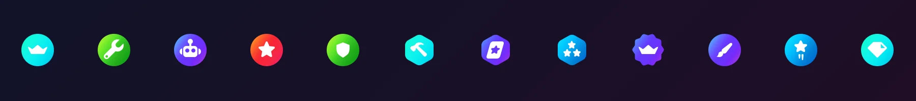 Twelve colorful Discord role icons from the 378-icon Fresh Discord Role Icons Pack on a dark Blue and Pink gradient
