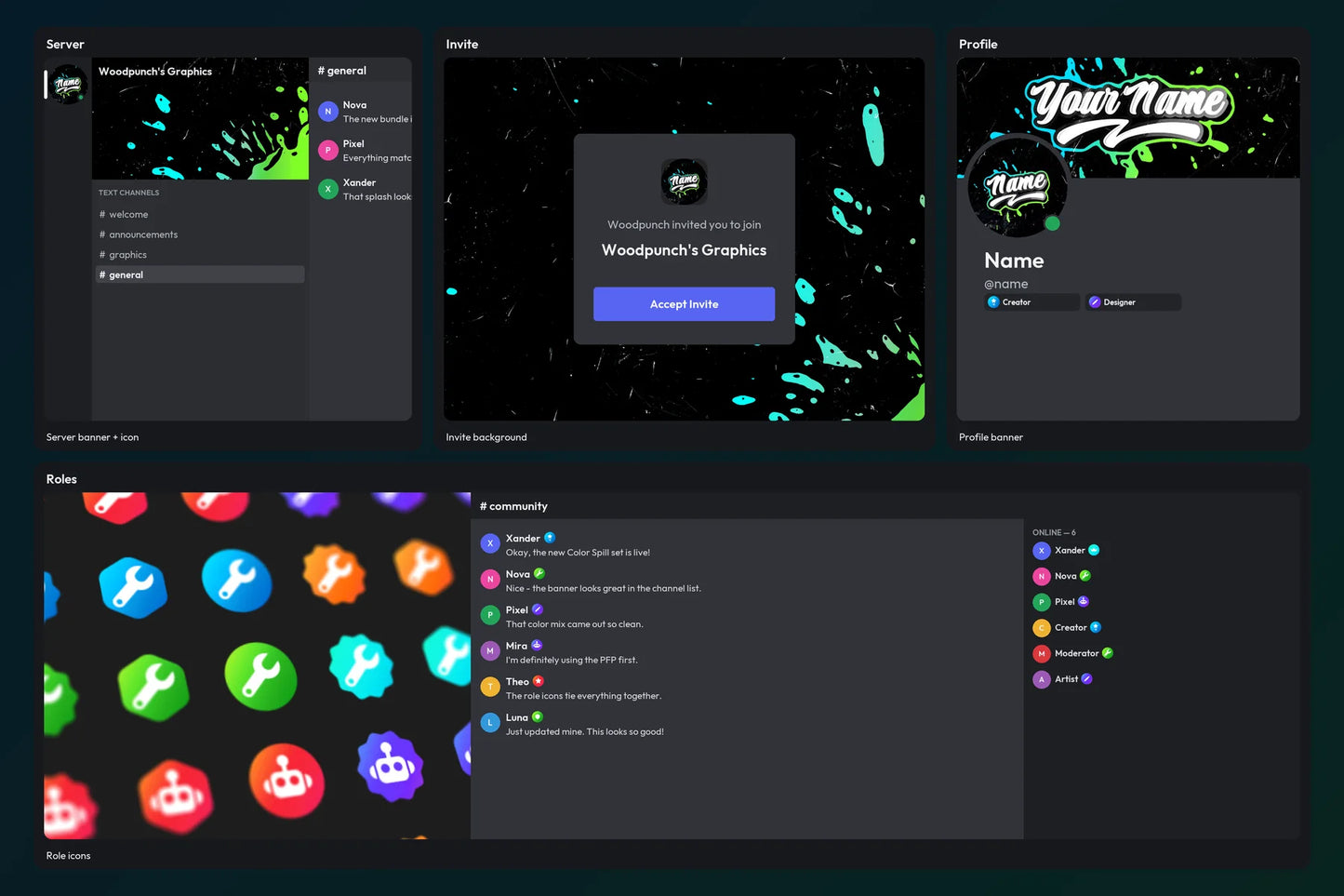 Blue and Green Color Spill bundle shown in Discord server, invite, profile, chat, and role icon previews on a matching dark gradient