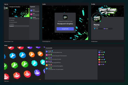 Blue and Green Color Spill bundle shown in Discord server, invite, profile, chat, and role icon previews on a matching dark gradient