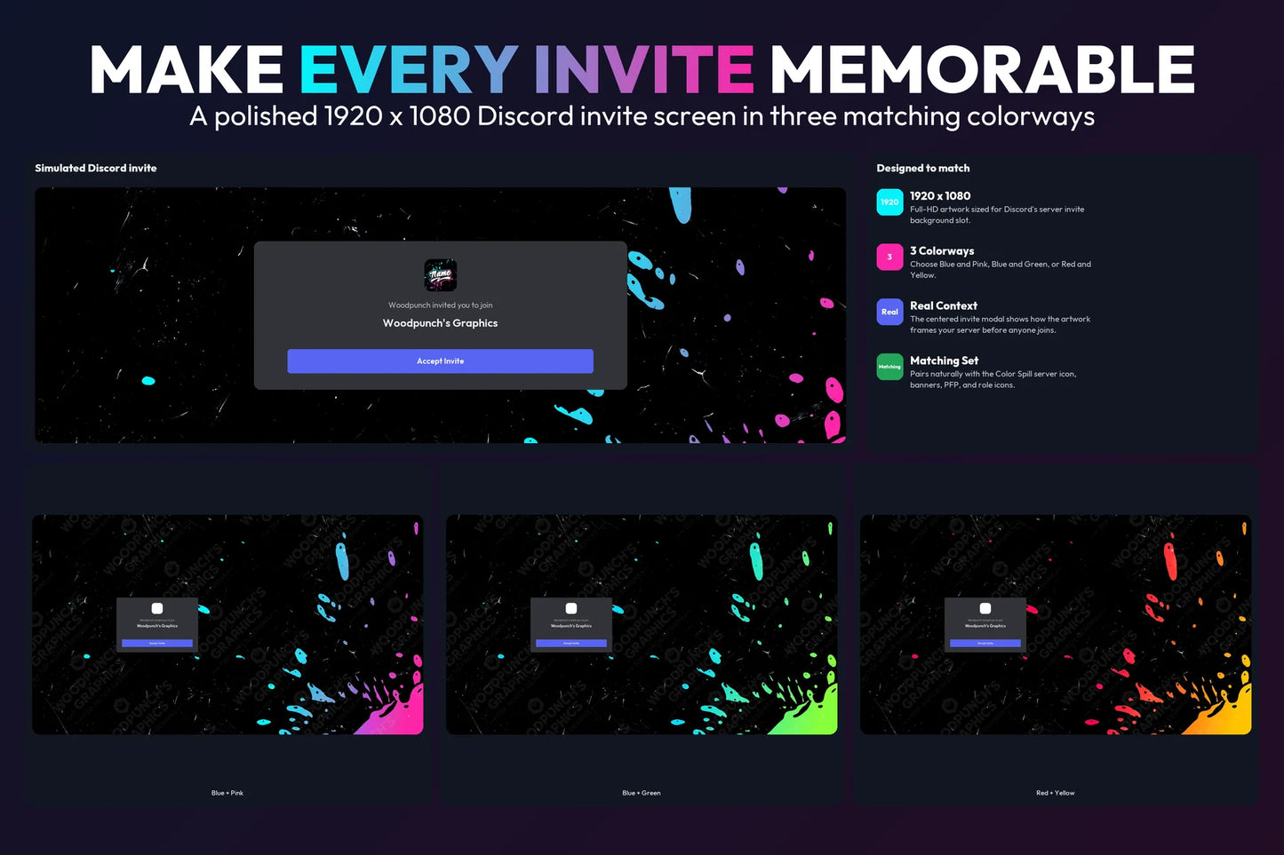 Color Spill Discord invite backgrounds in Blue and Pink, Blue and Green, and Red and Yellow with simulated invite previews