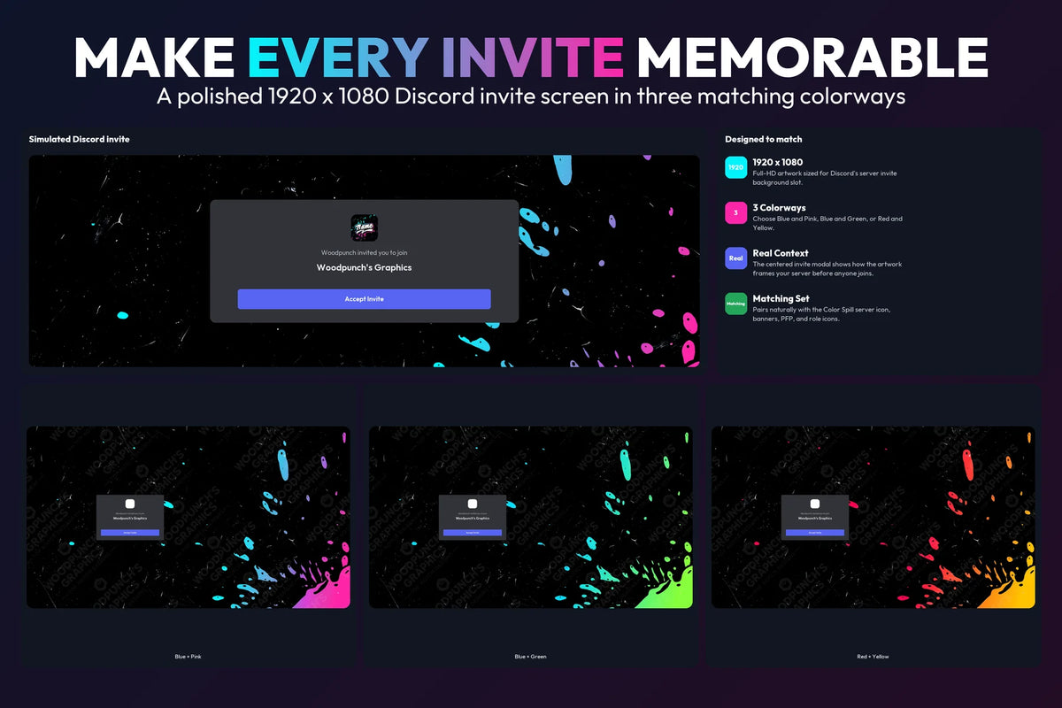 Color Spill Discord invite backgrounds in Blue and Pink, Blue and Green, and Red and Yellow with simulated invite previews