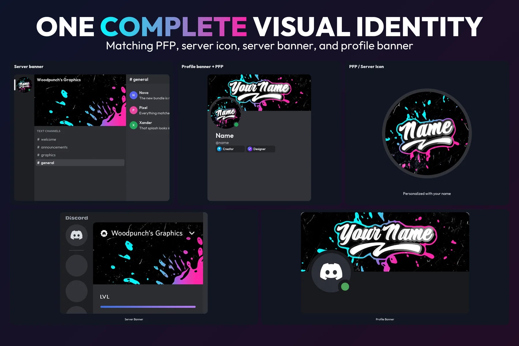 Complete Color Spill Discord identity with matching server banner, profile banner, PFP, and server icon on a dark Blue and Pink gradient