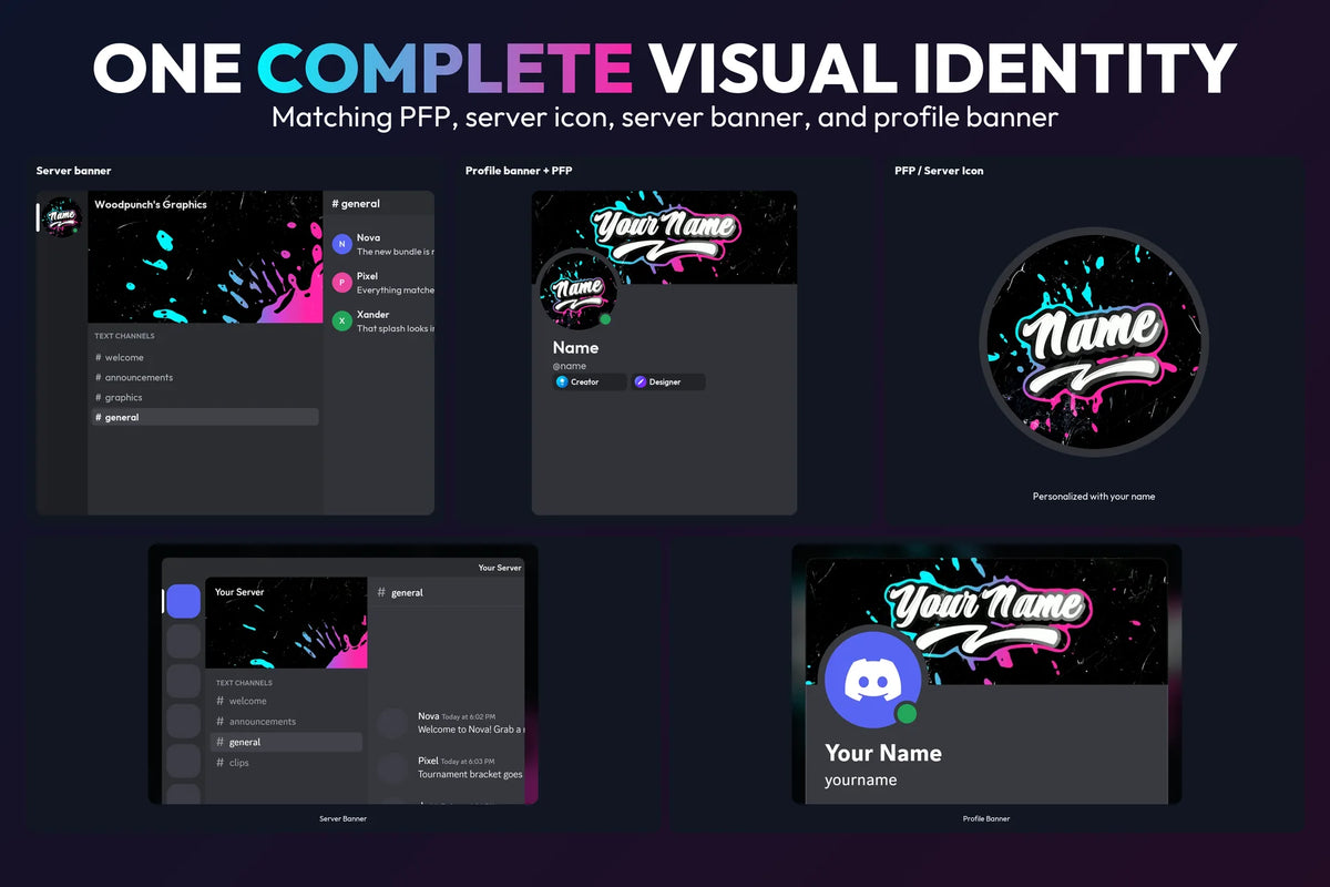 Complete Color Spill Discord identity with matching server banner, profile banner, PFP, and server icon on a dark Blue and Pink gradient