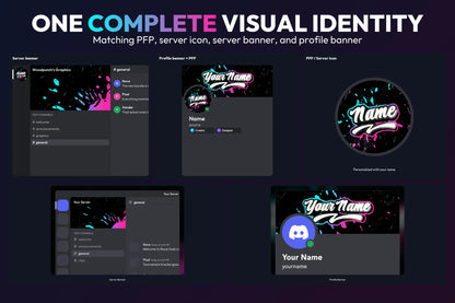 Complete Color Spill Discord identity with matching server banner, profile banner, PFP, and server icon on a dark Blue and Pink gradient