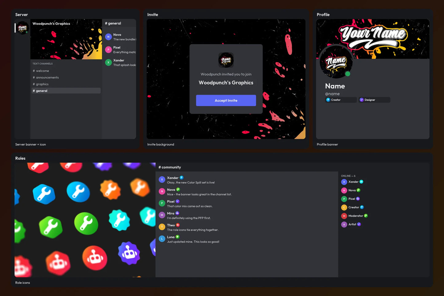 Red and Yellow Color Spill bundle shown in Discord server, invite, profile, chat, and role icon previews on a matching dark gradient