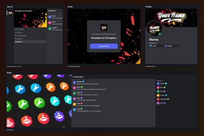 Red and Yellow Color Spill bundle shown in Discord server, invite, profile, chat, and role icon previews on a matching dark gradient