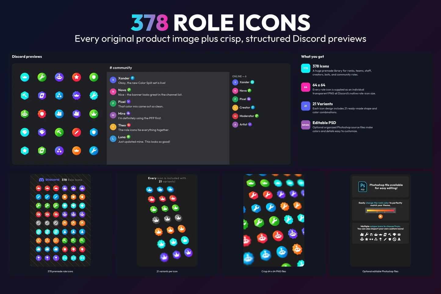 Fresh Discord Role Icons Pack with 378 Discord-ready icons, 21 variants, community previews, and editable Photoshop files