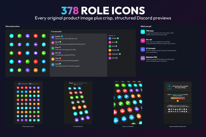 Fresh Discord Role Icons Pack with 378 Discord-ready icons, 21 variants, community previews, and editable Photoshop files