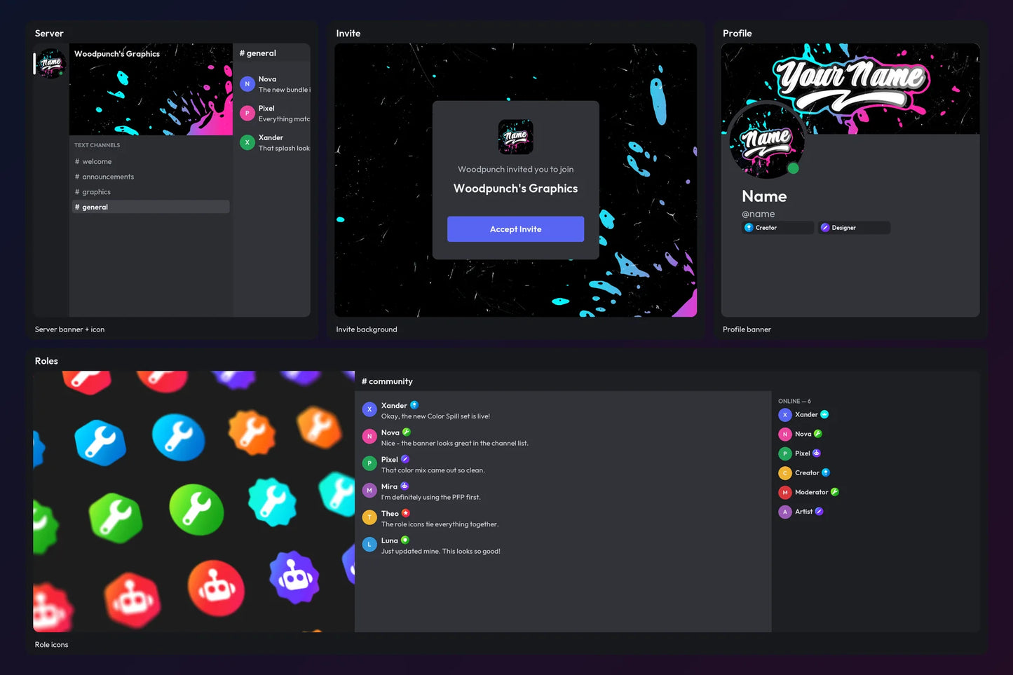 Color Spill Discord bundle shown across a simulated server, invite, profile, and role icon community on a dark Blue and Pink gradient