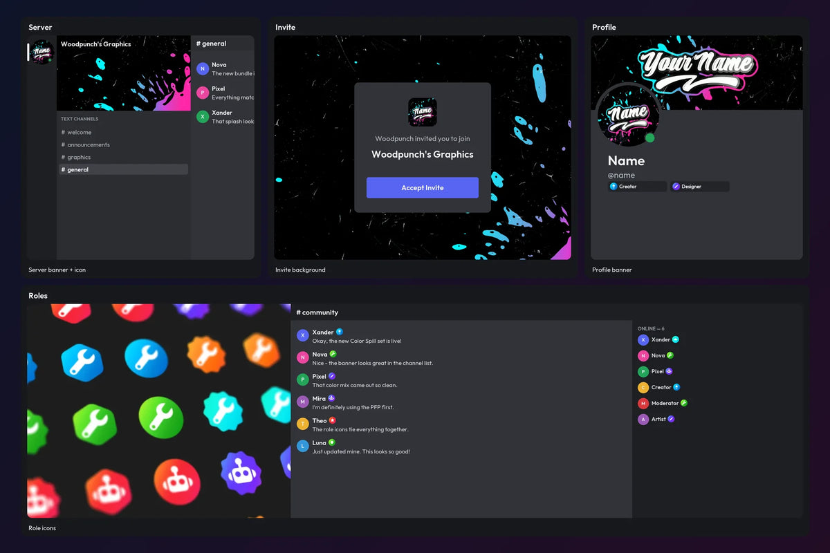 Color Spill Discord bundle shown across a simulated server, invite, profile, and role icon community on a dark Blue and Pink gradient
