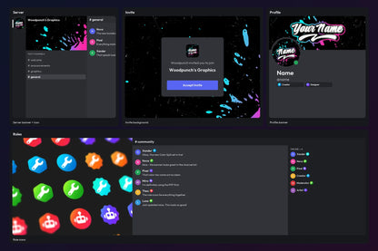 Color Spill Discord bundle shown across a simulated server, invite, profile, and role icon community on a dark Blue and Pink gradient