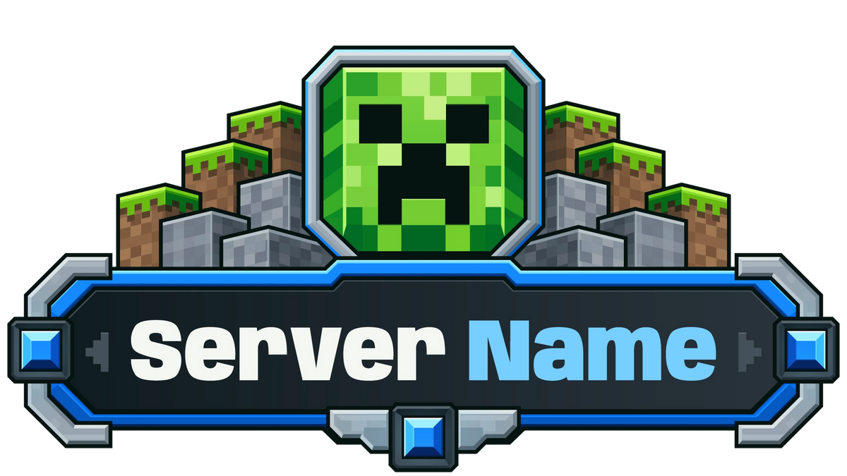 Creeper Minecraft server logo with blue gem accents, stone and grass blocks, and customizable Server Name lettering