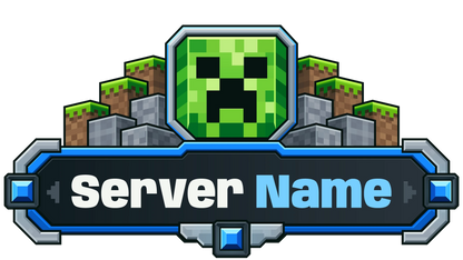 Creeper Minecraft server logo with blue gem accents, stone and grass blocks, and customizable Server Name lettering