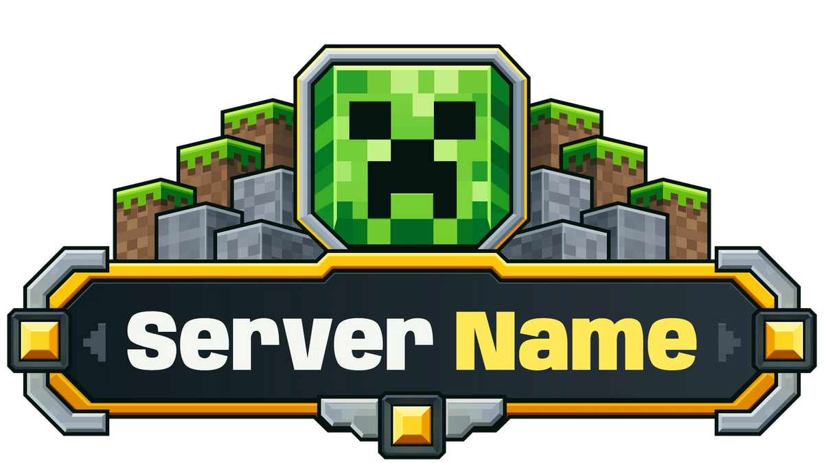 Creeper Minecraft server logo with gold gem accents, stone and grass blocks, and customizable Server Name lettering