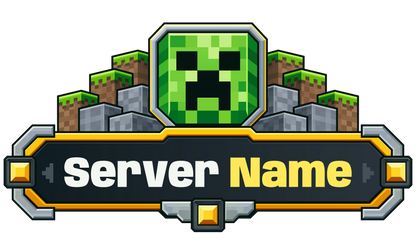 Creeper Minecraft server logo with gold gem accents, stone and grass blocks, and customizable Server Name lettering