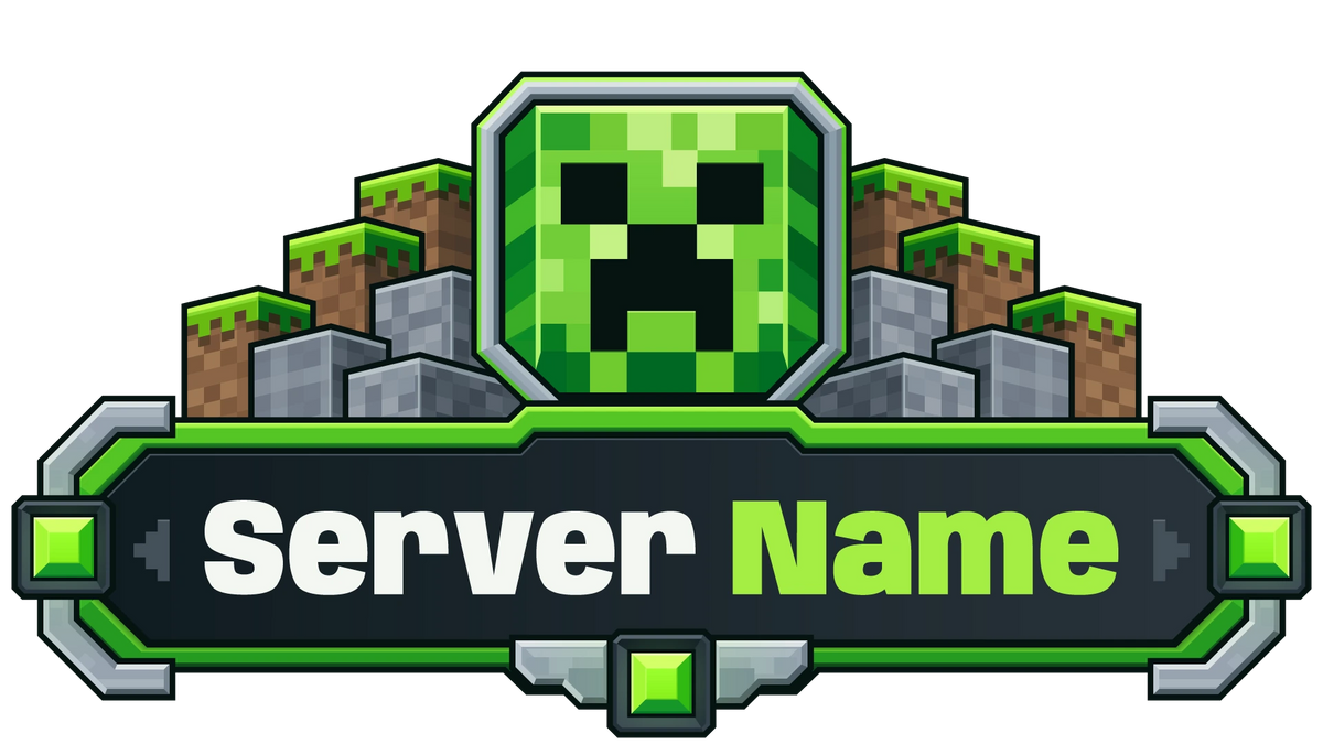 Creeper Minecraft server logo with green gem accents, stone and grass blocks, and customizable Server Name lettering