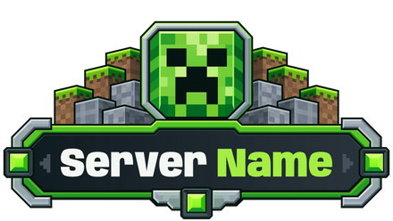 Creeper Minecraft server logo with green gem accents, stone and grass blocks, and customizable Server Name lettering
