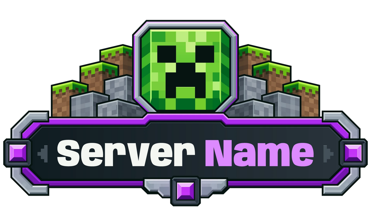 Creeper Minecraft server logo with purple gem accents, stone and grass blocks, and customizable Server Name lettering