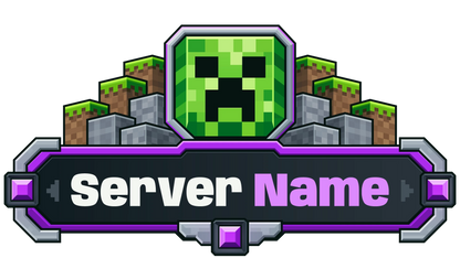 Creeper Minecraft server logo with purple gem accents, stone and grass blocks, and customizable Server Name lettering