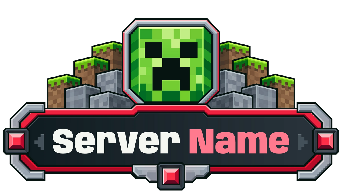 Creeper Minecraft server logo with red gem accents, stone and grass blocks, and customizable Server Name lettering