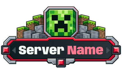 Creeper Minecraft server logo with red gem accents, stone and grass blocks, and customizable Server Name lettering