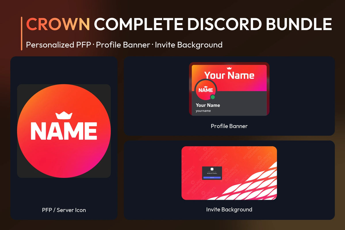 Crown Complete Discord Bundle with matching personalized PFP and server icon, profile banner and invite background