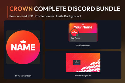 Crown Complete Discord Bundle with matching personalized PFP and server icon, profile banner and invite background