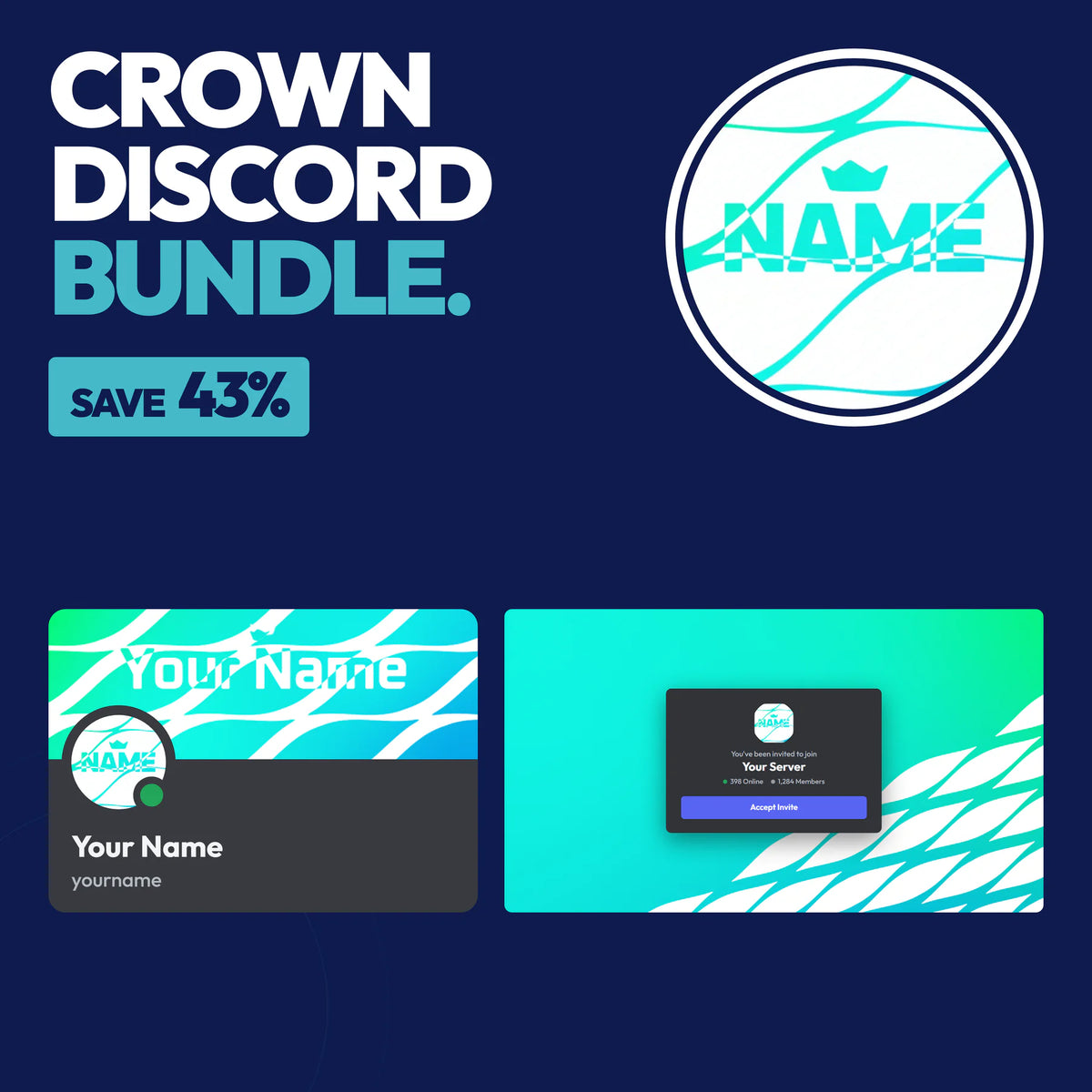 Crown Complete Discord Bundle in Cyan with a matching PFP & server icon, profile banner, and invite background