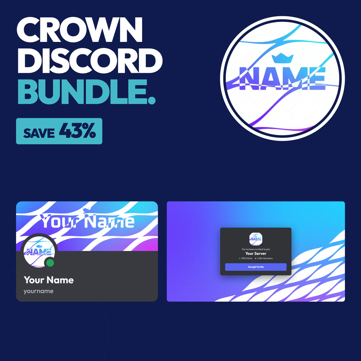 Crown Complete Discord Bundle in Purple with a matching PFP & server icon, profile banner, and invite background