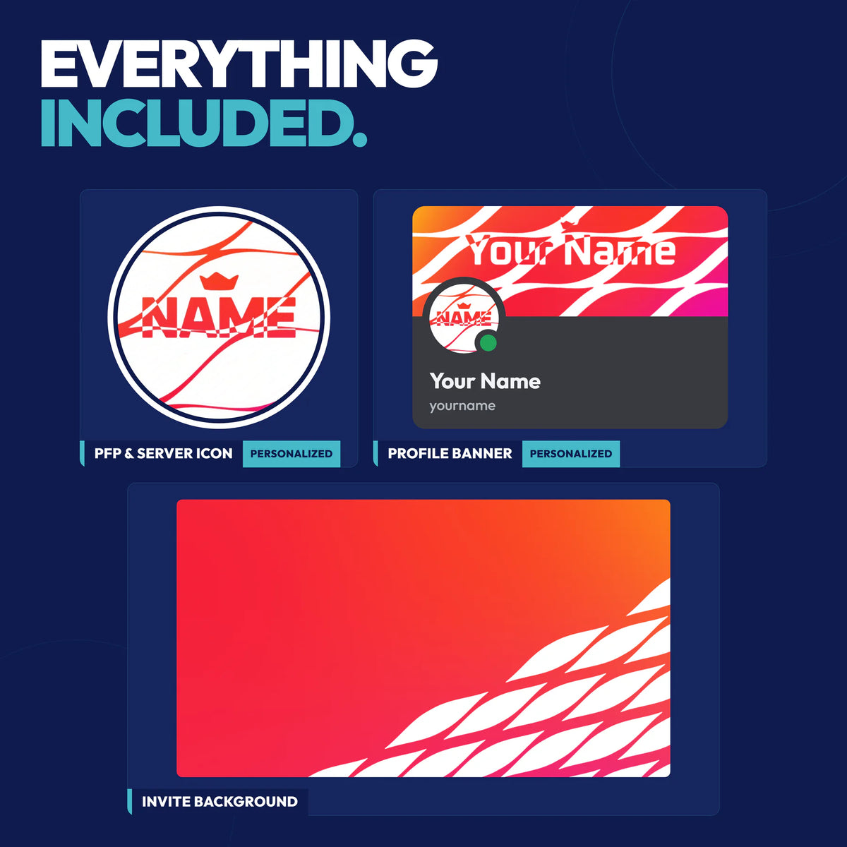 Everything included in the Crown Complete Discord Bundle: PFP & server icon, profile banner, and invite background