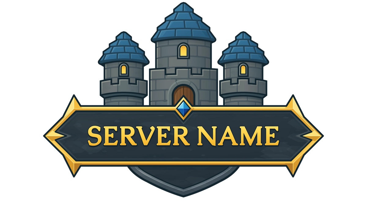 Crownspire castle server logo with blue-roofed stone towers, gold lettering and a sapphire crest