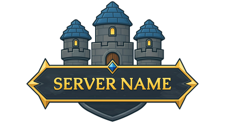Crownspire castle server logo with blue-roofed stone towers, gold lettering and a sapphire crest