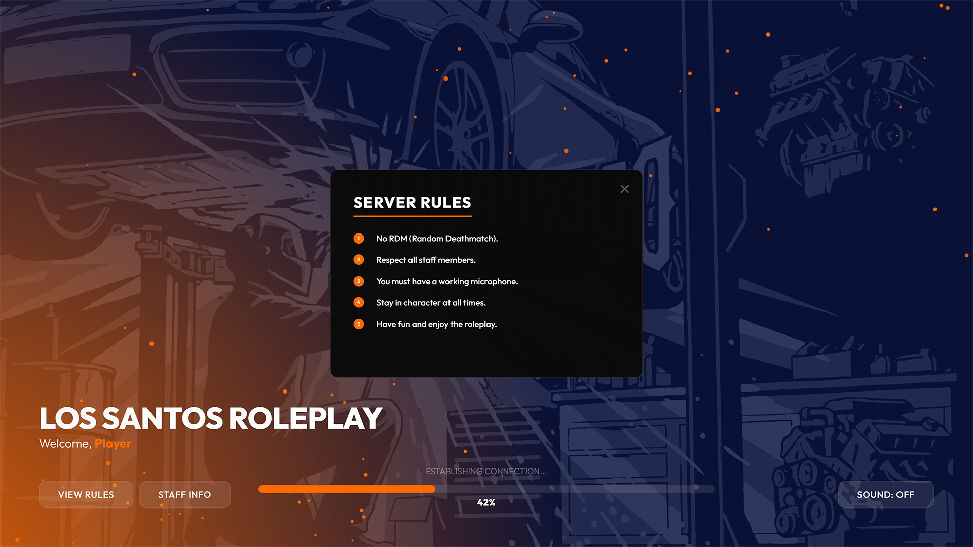FiveM server rules display window on a custom loading screen template, ensuring players see rules before joining.
