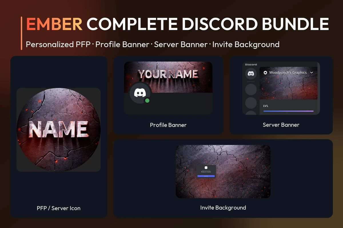 Ember Complete Discord Bundle with matching personalized PFP and server icon, profile banner, server banner and invite background