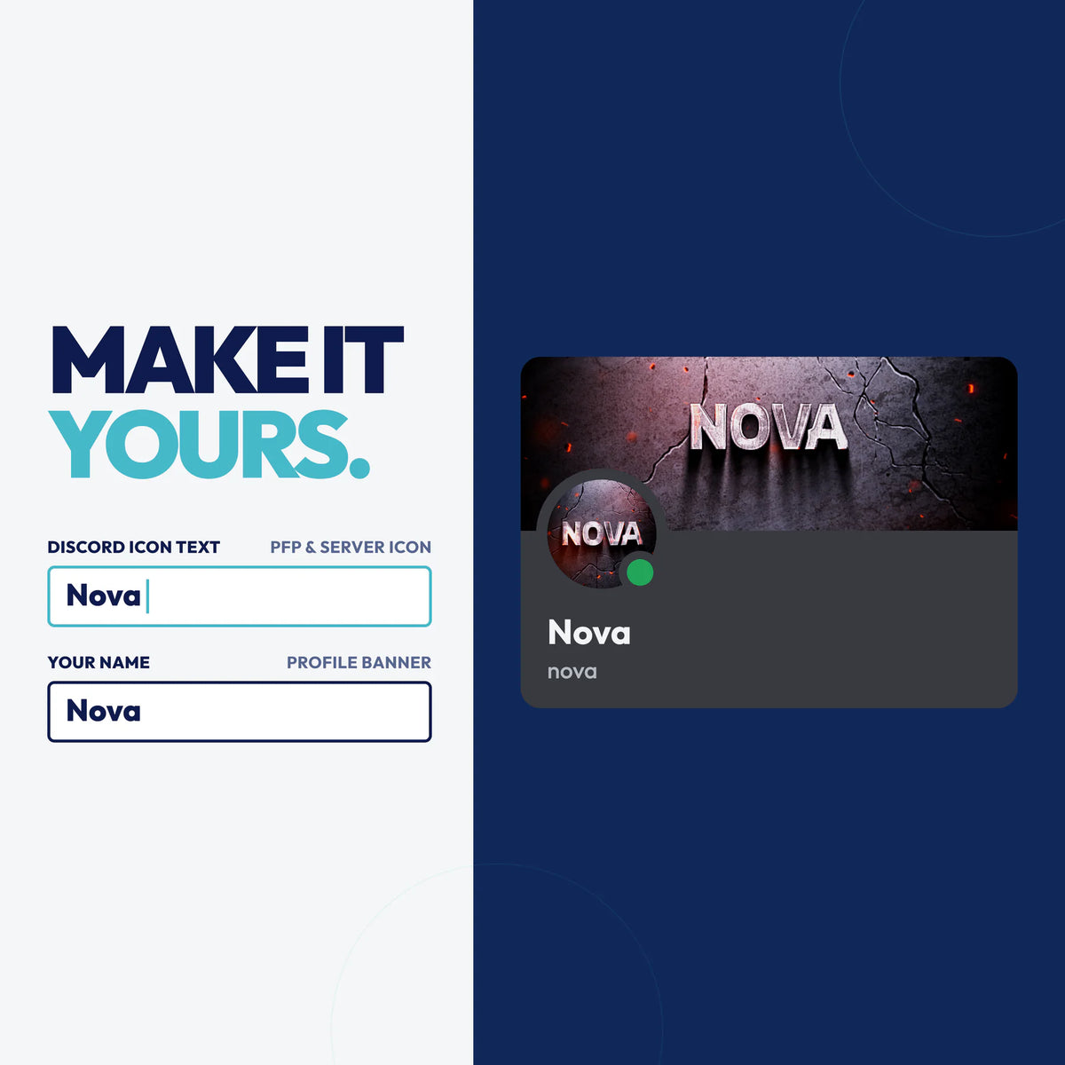 Personalize the Ember Discord bundle with your own text on the PFP & server icon and profile banner
