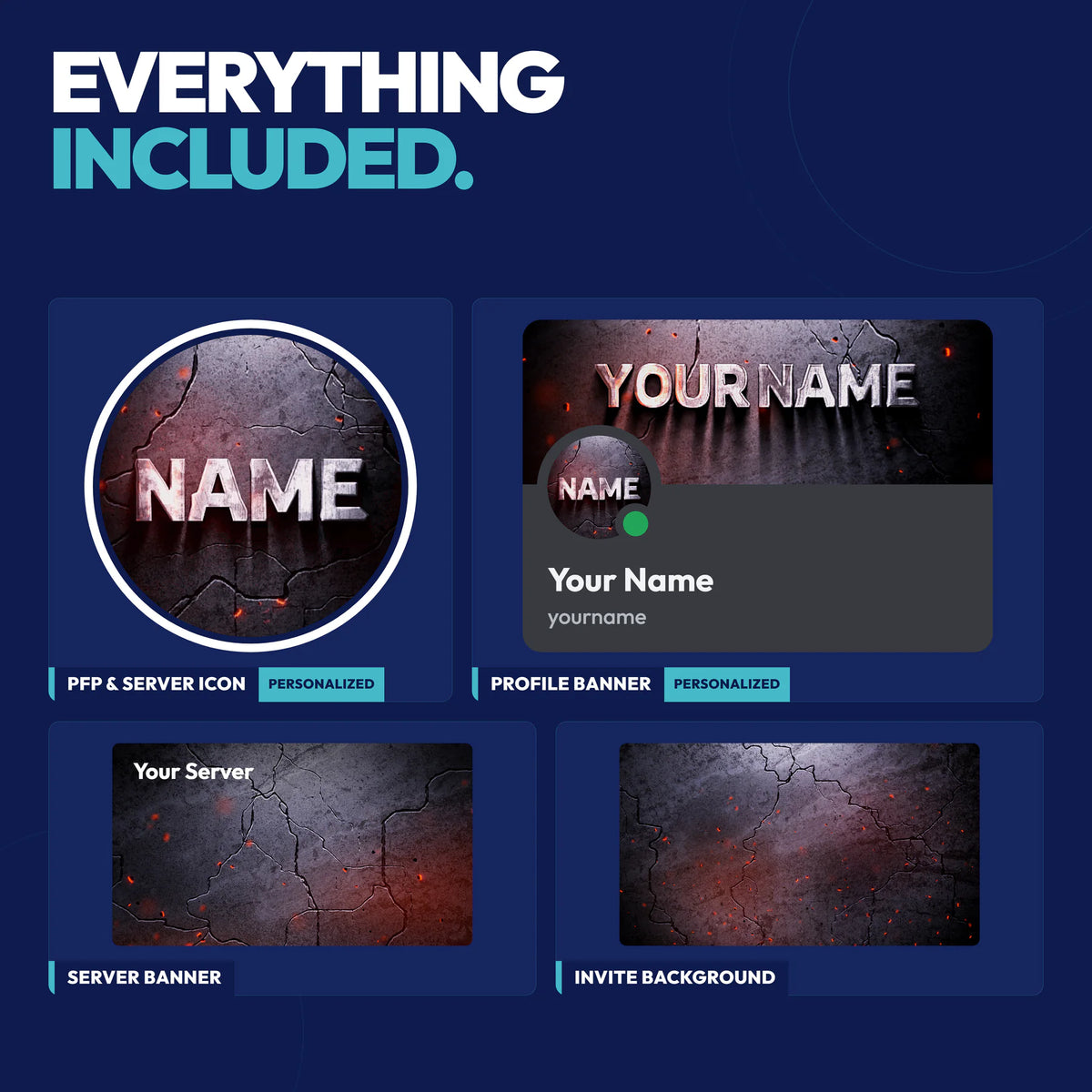 Everything included in the Ember Complete Discord Bundle: PFP & server icon, profile banner, server banner, and invite background