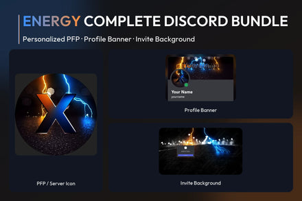 Energy Complete Discord Bundle with matching personalized PFP and server icon, profile banner and invite background