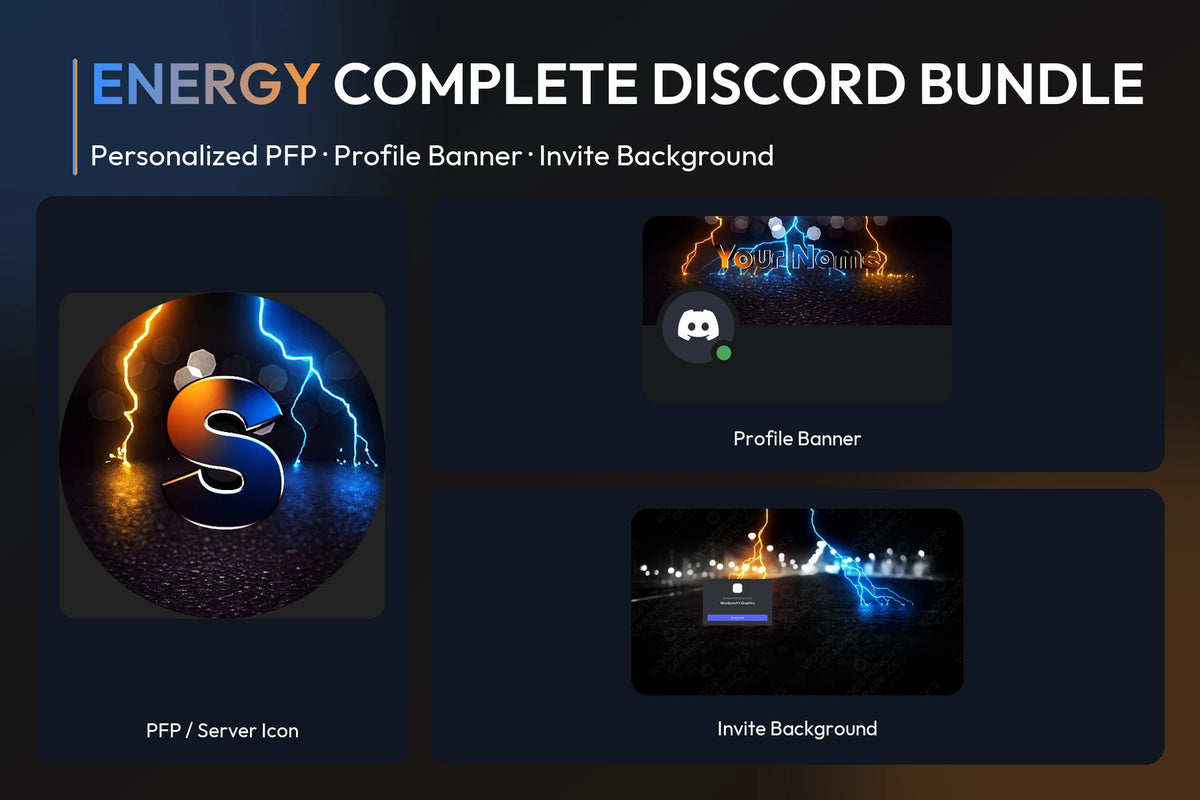 Energy Complete Discord Bundle with matching personalized PFP and server icon, profile banner and invite background