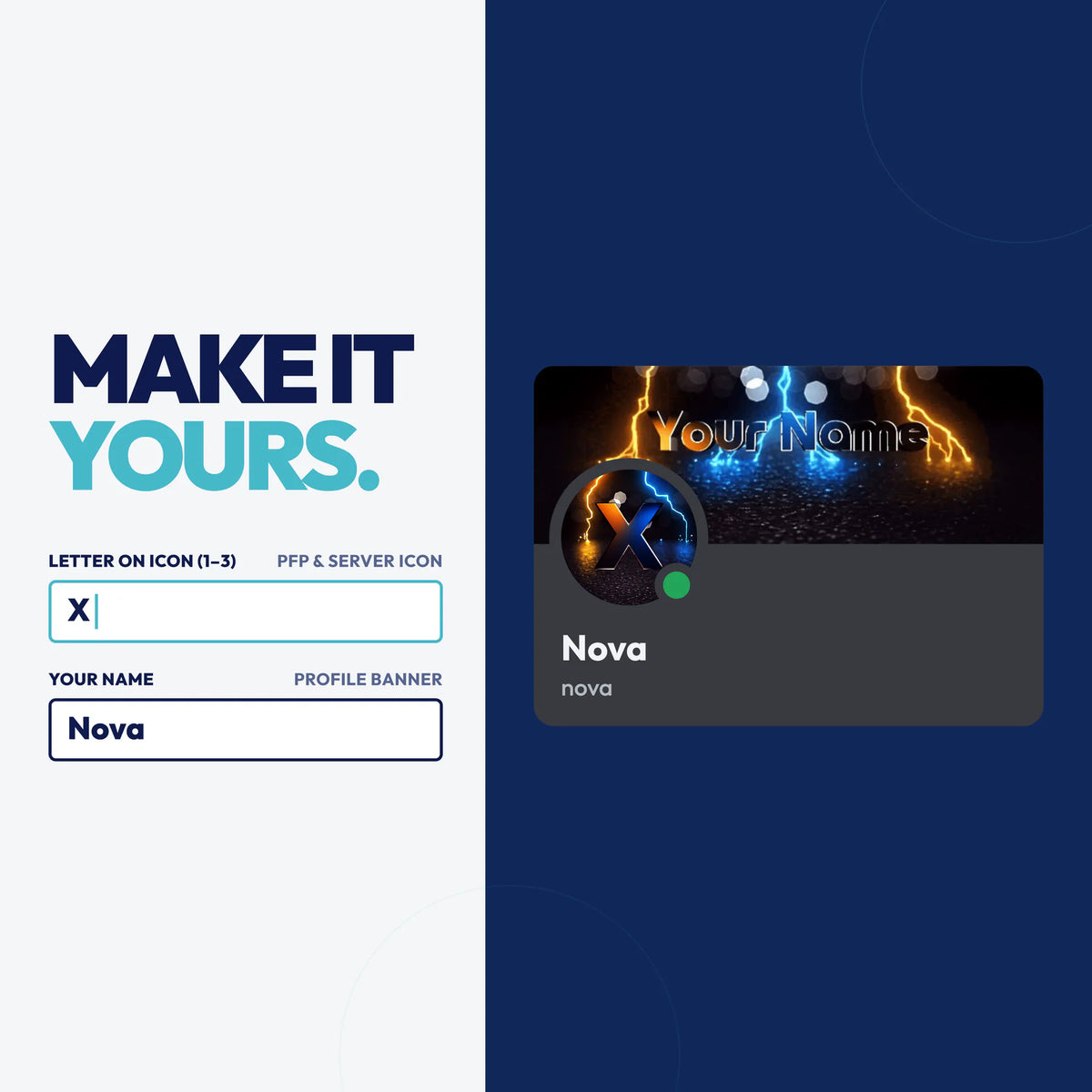 Personalize the Energy Discord bundle with your own text on the PFP & server icon and profile banner