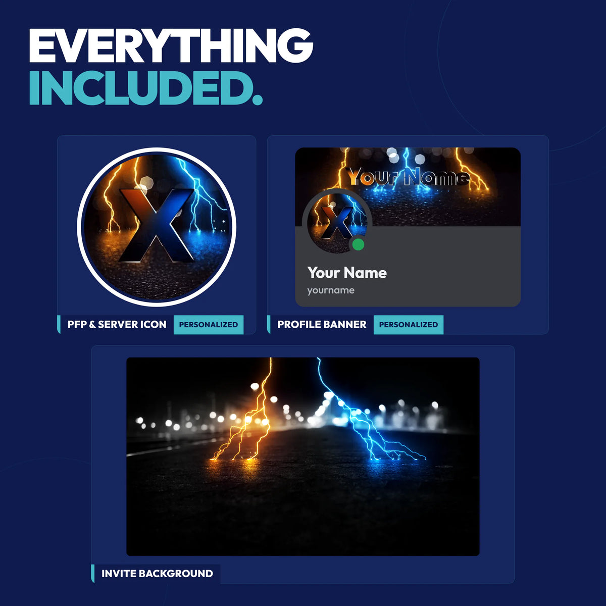 Everything included in the Energy Complete Discord Bundle: PFP & server icon, profile banner, and invite background