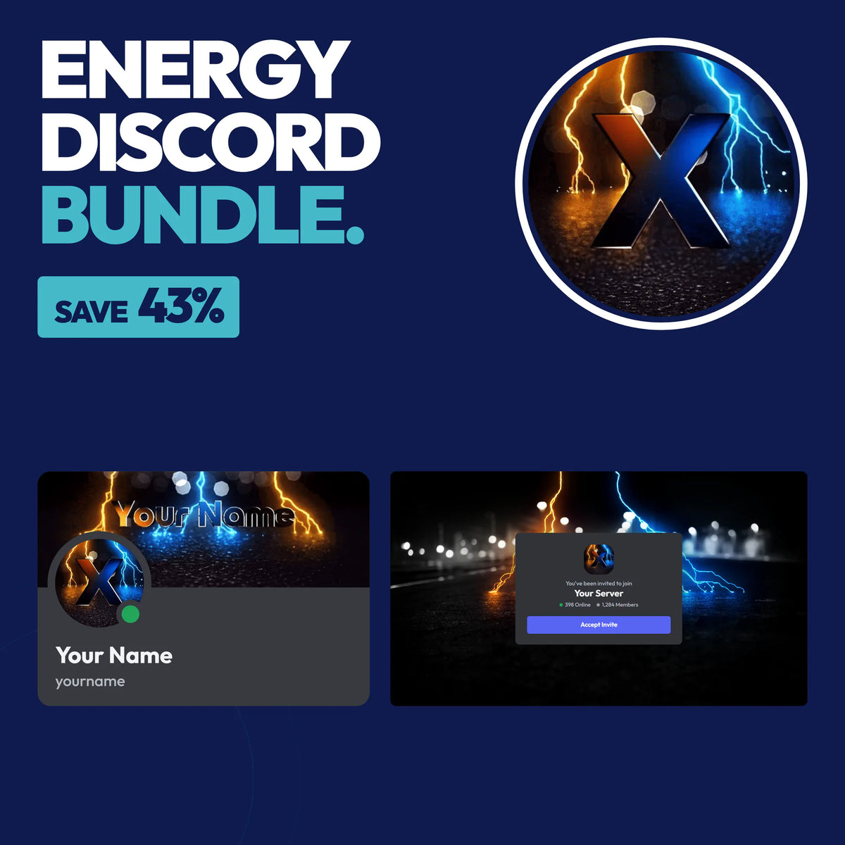 Energy Complete Discord Bundle with a matching PFP & server icon, profile banner, and invite background