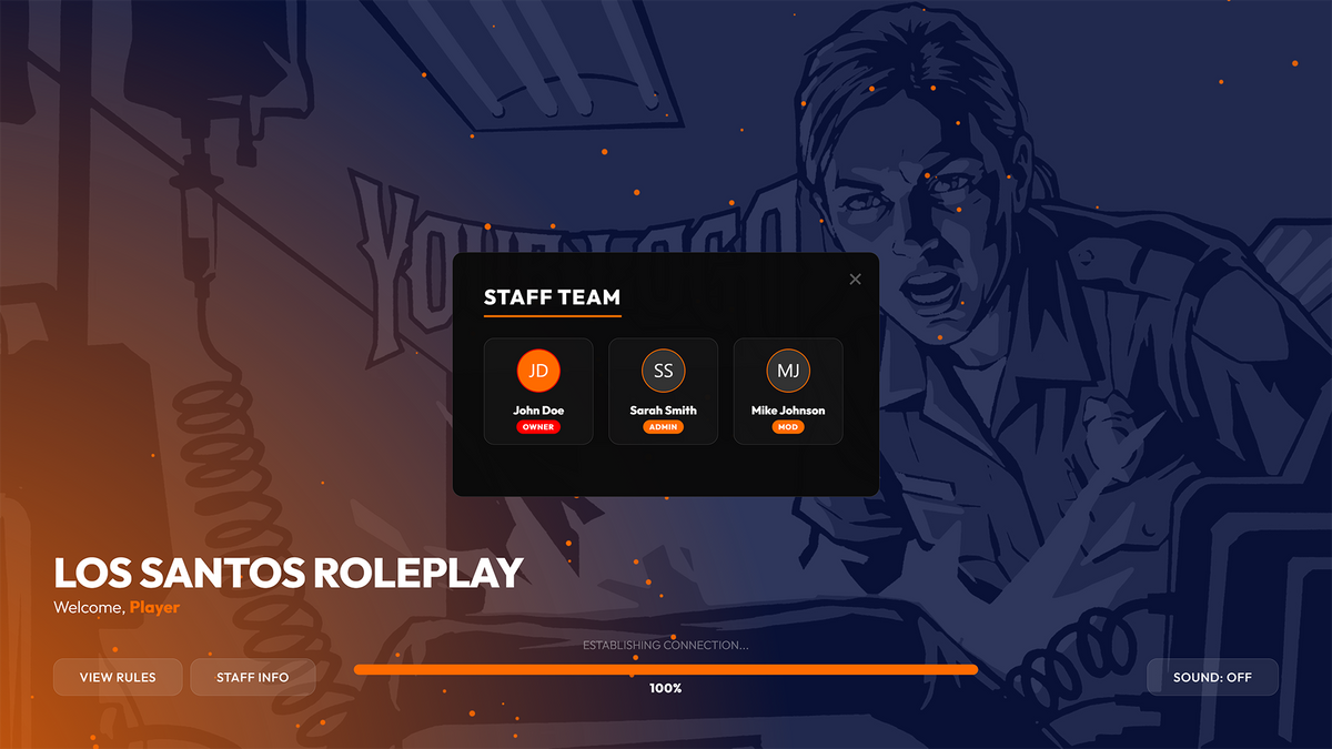 GTA Roleplay Ladebildschirm-Skript, das ein benutzerdefiniertes Staff-Team-Popup-Fenster mit Admin-Avataren und Rollen zeigt.