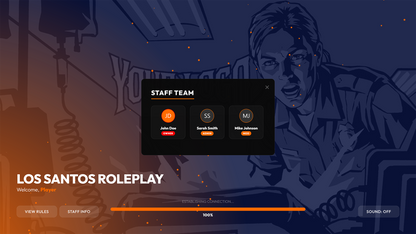 GTA roleplay loading screen script showing a custom staff team popup window with admin avatars and roles.